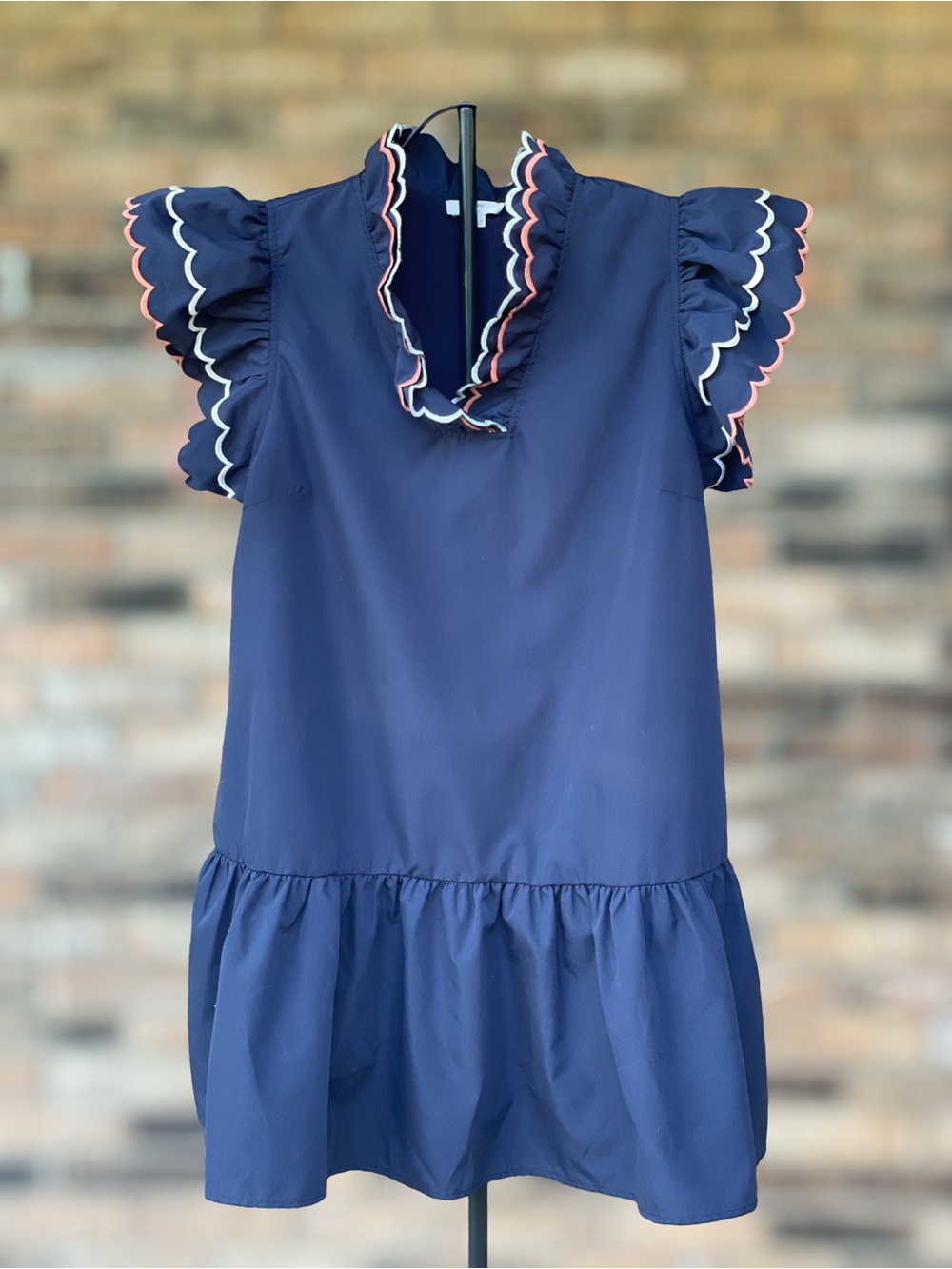 Entro Navy Ruffle Scallop Trim Mini Dress Size L